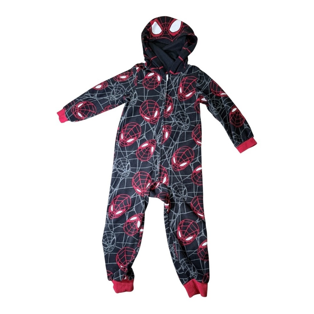 Marvel Spider-Man Pajamas Kids XS 4/5‎ Fleece Hooded One-Piece Union Suit Black